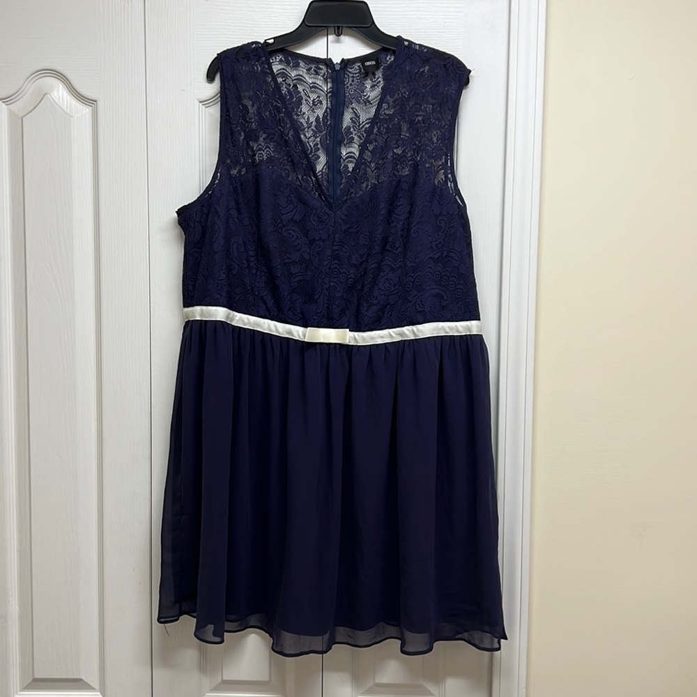 ASOS navy blue dress with sheer lace top and white bow sash size 20